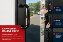 Load image into Gallery viewer, Kawneer 9-inch handle cover shown installed on a glass door, with a close-up of the black curved cover and a three-step inset diagram showing how to align, snap on, and secure the fit. Text on the left reads 'KAWNEER 9" HANDLE COVER' and includes product benefits.
